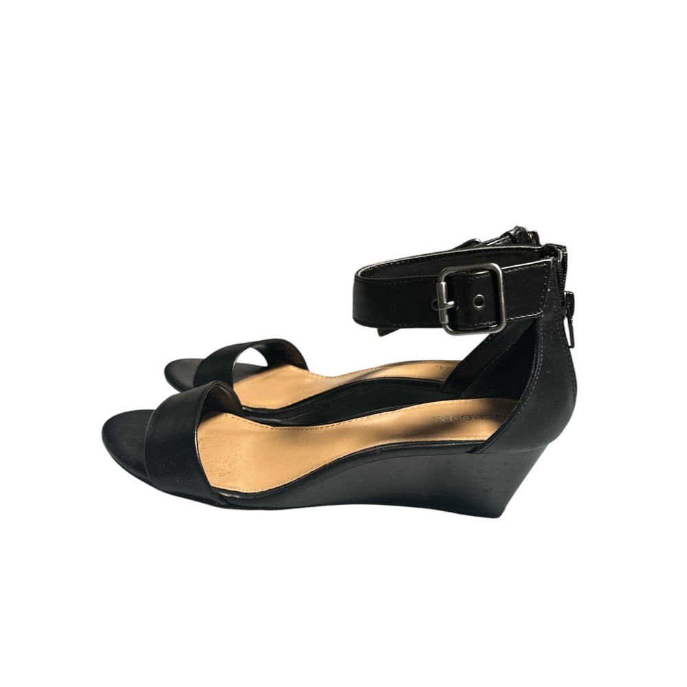 Merona Womens Black Ankle Strap Wedge Sandals Open Toe Back Zip Size 8